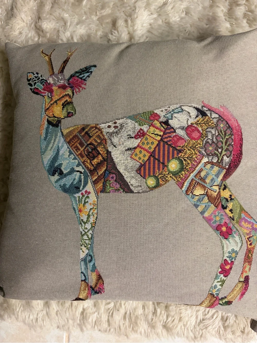 Decorative Beige Pillow with Colorful Patchwork Deer - Set of 2